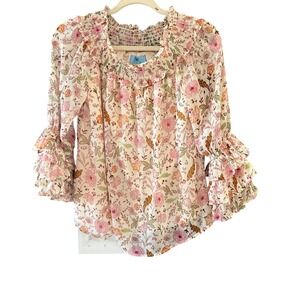 CeCe Smocked Floral Ruffle Tiered Blouse Pink Small Romantic Feminine Coquette